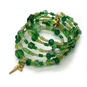 Bracelet Memory Wire Green Tones Fairy 4 Leaf Clover Charms OS